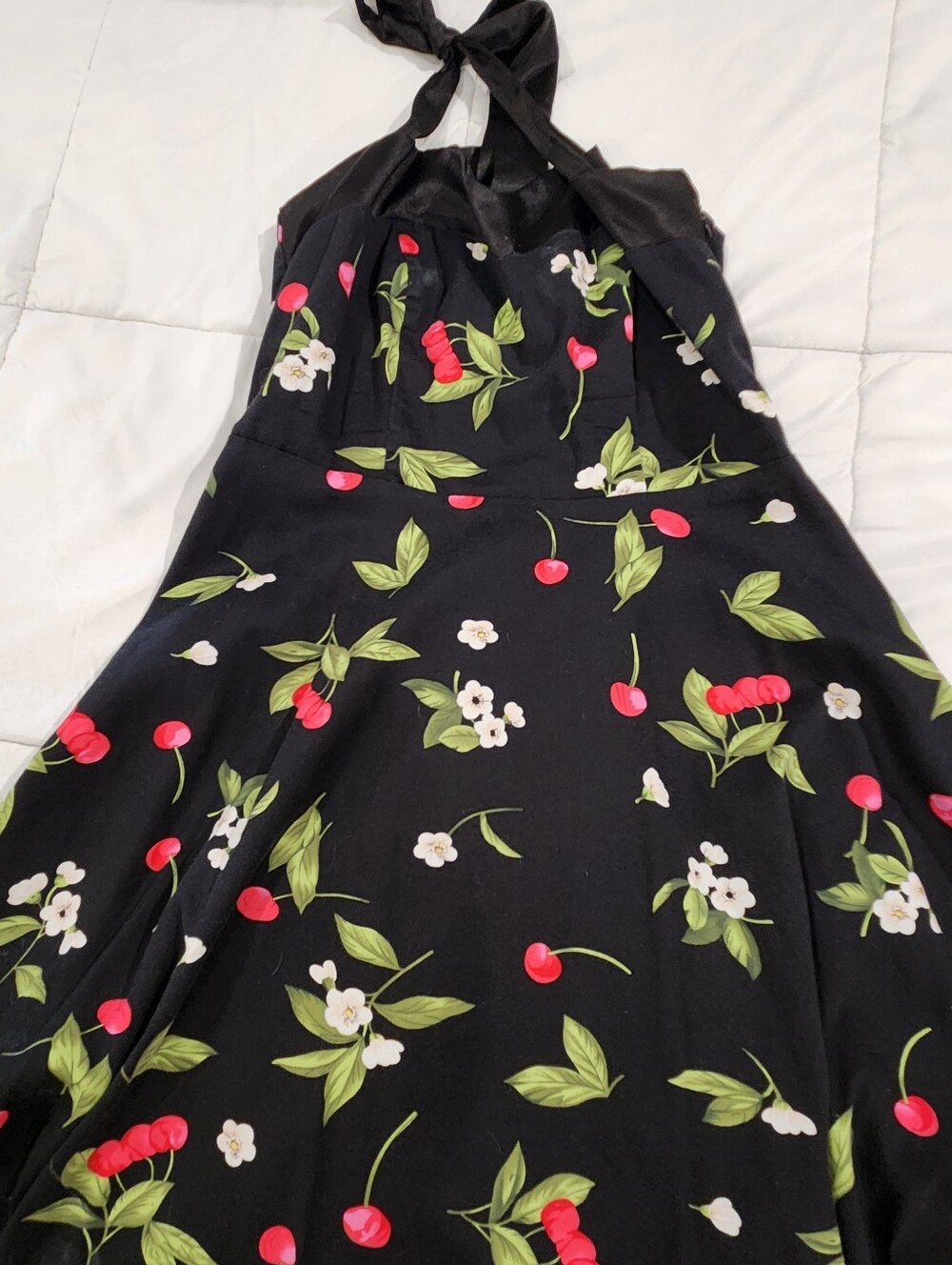 Lee Black Halter Midi Dress with Red Cherry and Green Leaf Print